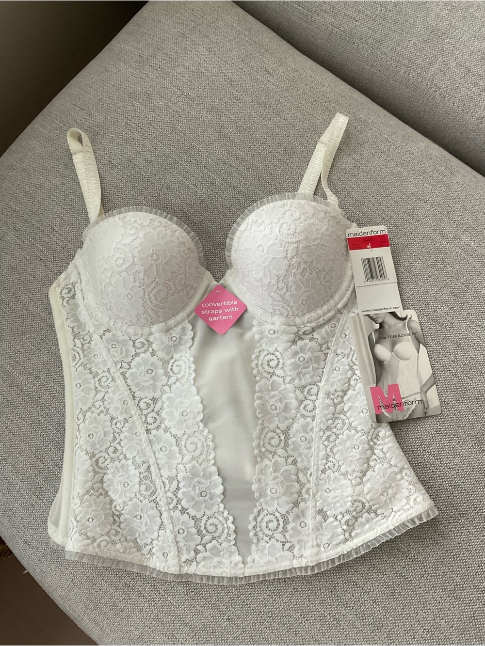 Maidenform Ivory-White Lace Longline Bustier with Convertible Straps